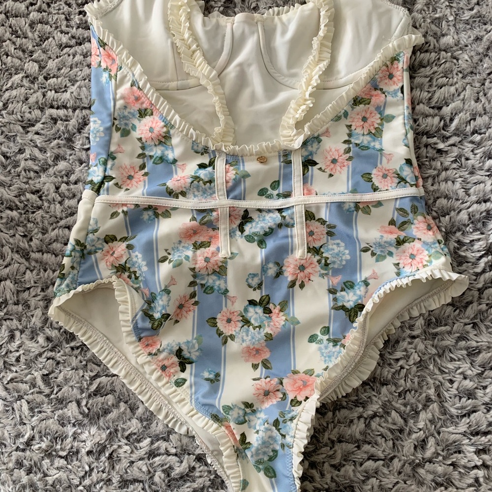 For Love And Lemons Cream, Blue & Pink Floral Stripe One-Piece - Picture 2 of 4
